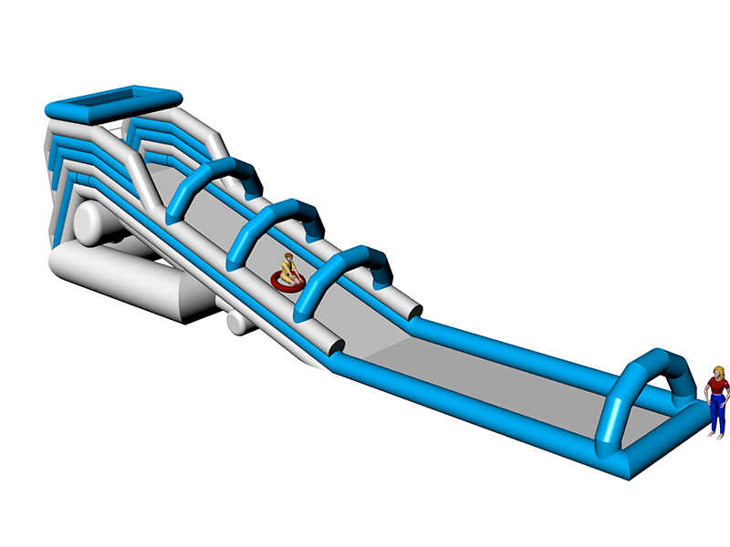 Aufblasbare Tubingbahn in Blau und Grau mit Anlaufturm und langer Auslaufbahn