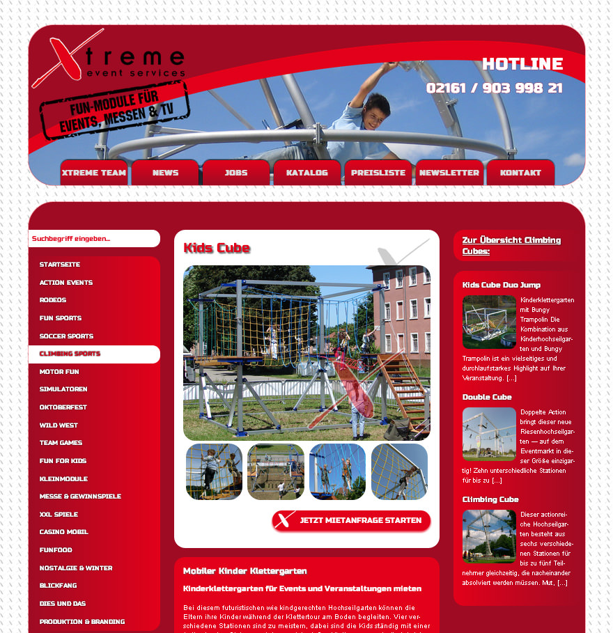Bildschirmfoto der früheren Xtreme-Events-Website mit rotem Menü und Modulübersicht