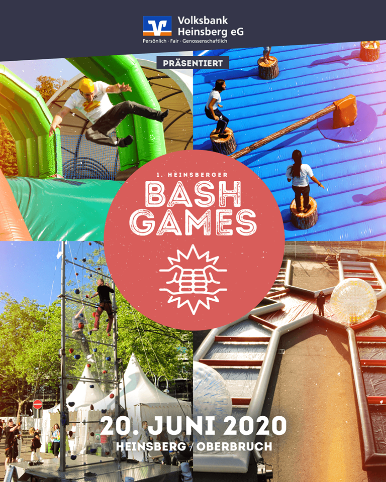 Veranstaltungsplakat „Bash Games“ am 20. Juni 2020 in Heinsberg-Oberbruch mit Bildern von Eventmodulen